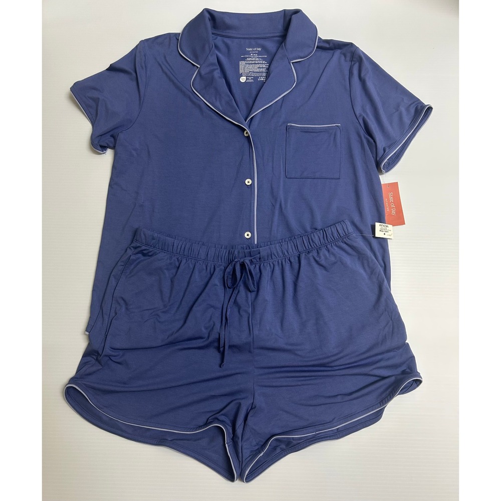 State of Day Pajama Set Notched Collar Blue Modal Short Sleeve Shorts M 2PCS New